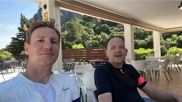 two cyclists relaxing at the cafe in Sa Calobra Mallorca