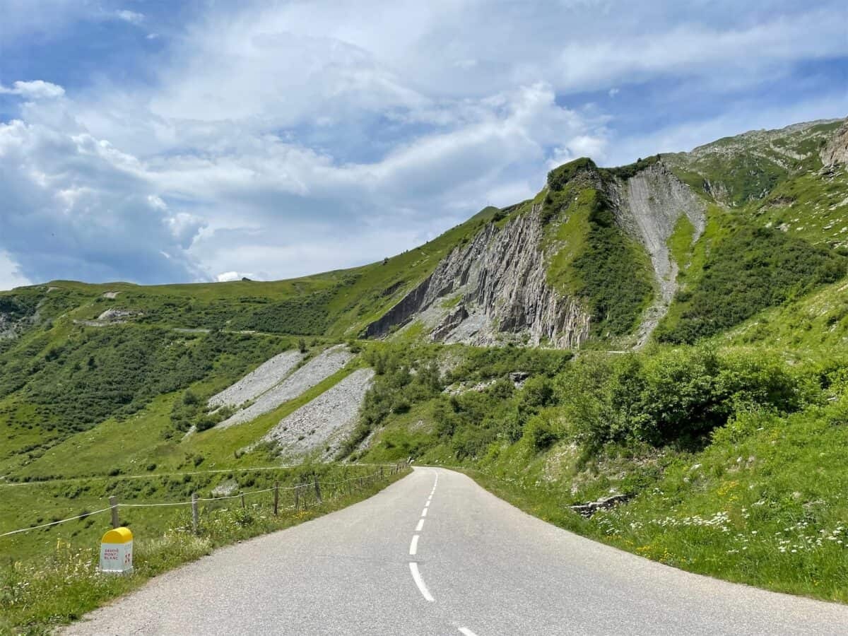 looking down the road of the col de la madeleine alpine climb