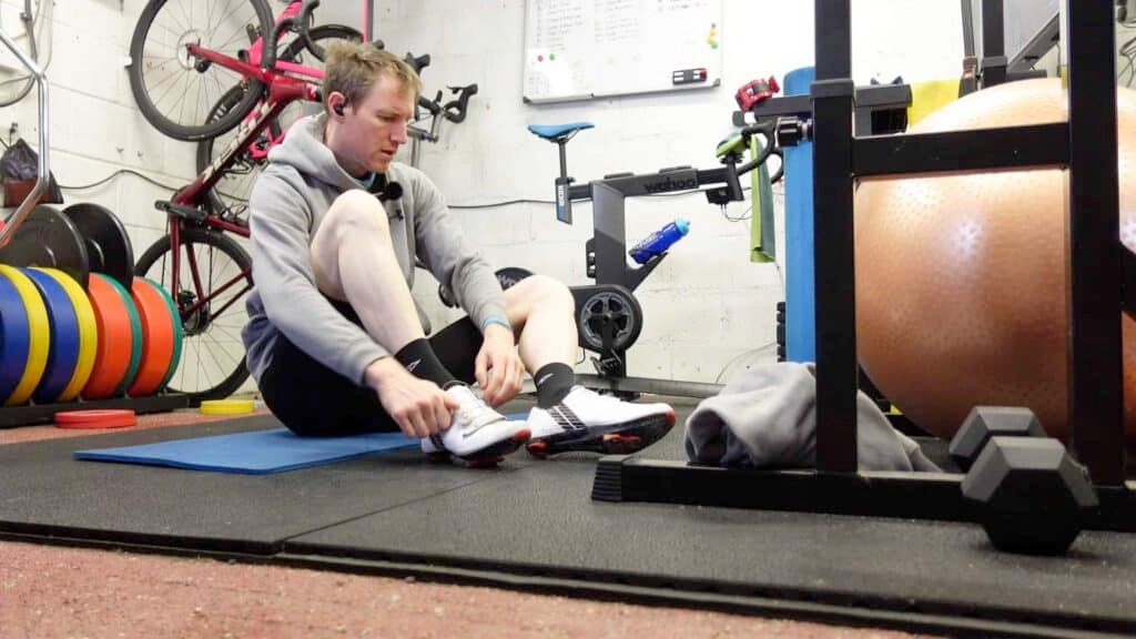 cyclist preparing for an indoor turbo ride