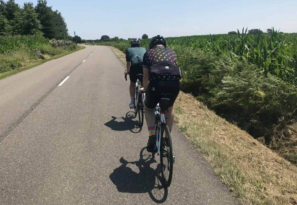 two cyclist riding on a road with a field of crops on the right side