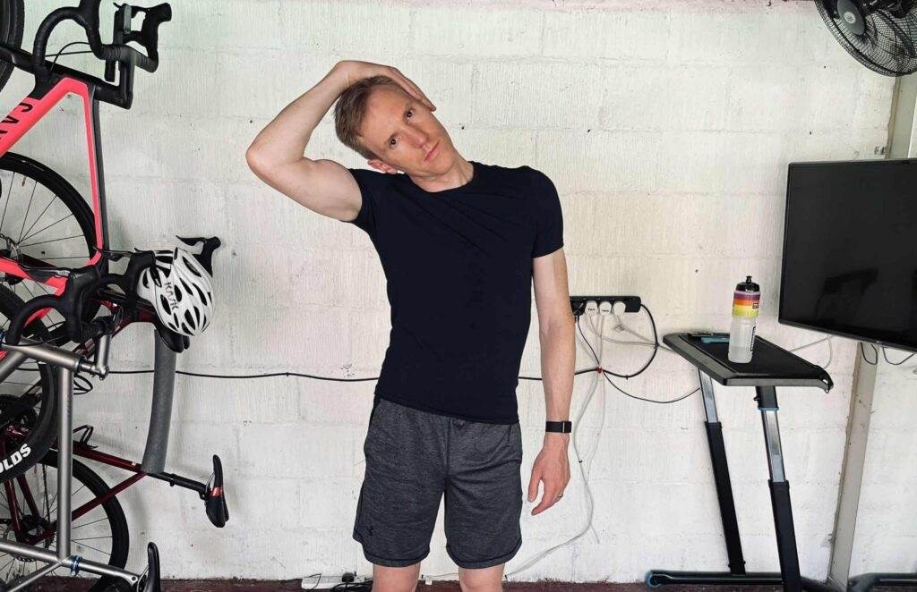 A person doing a neck stretch