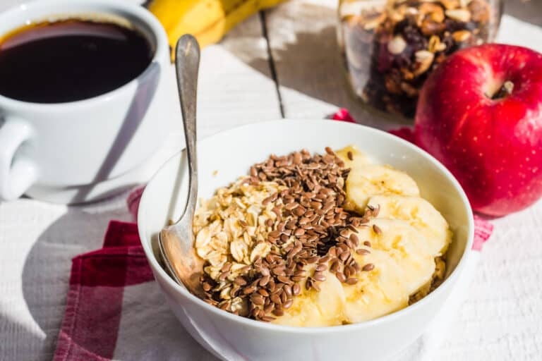oatmeal with banana and flax seeds, apples, a healthy breakfast