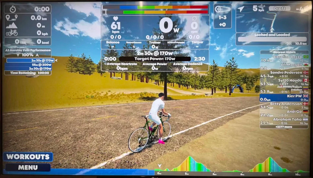 Gamify your fitness: cyclist navigates virtual roads with real-time workout stats.