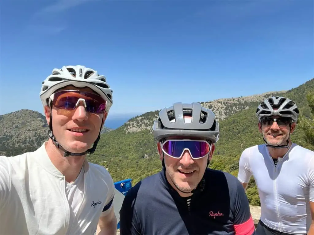 three-old-cyclists-happy-to-survive-sa-calobra Three road cyclists smiling having cycled to the top of Sa Calobra Mallorca