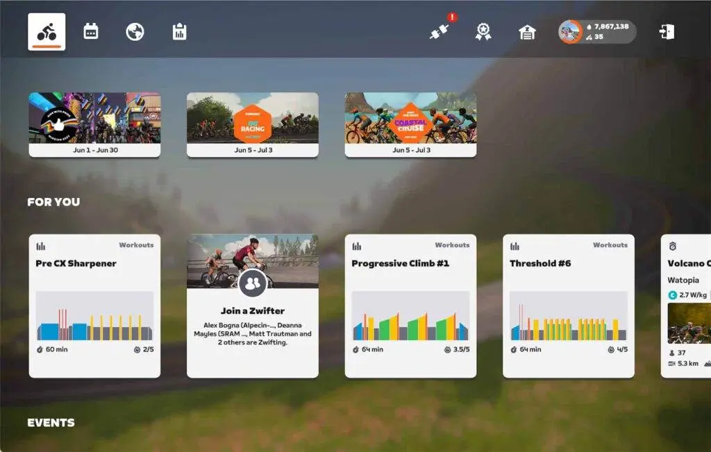 getting started wth zwift homescreen