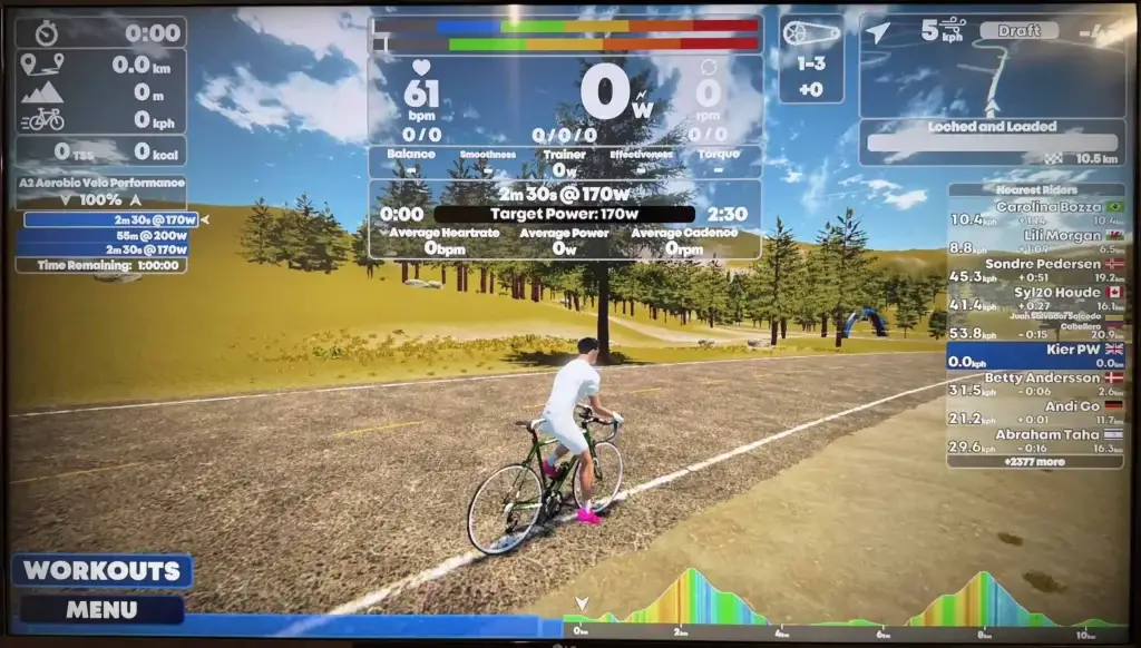 Gamify your fitness: cyclist navigates virtual roads with real-time workout stats.