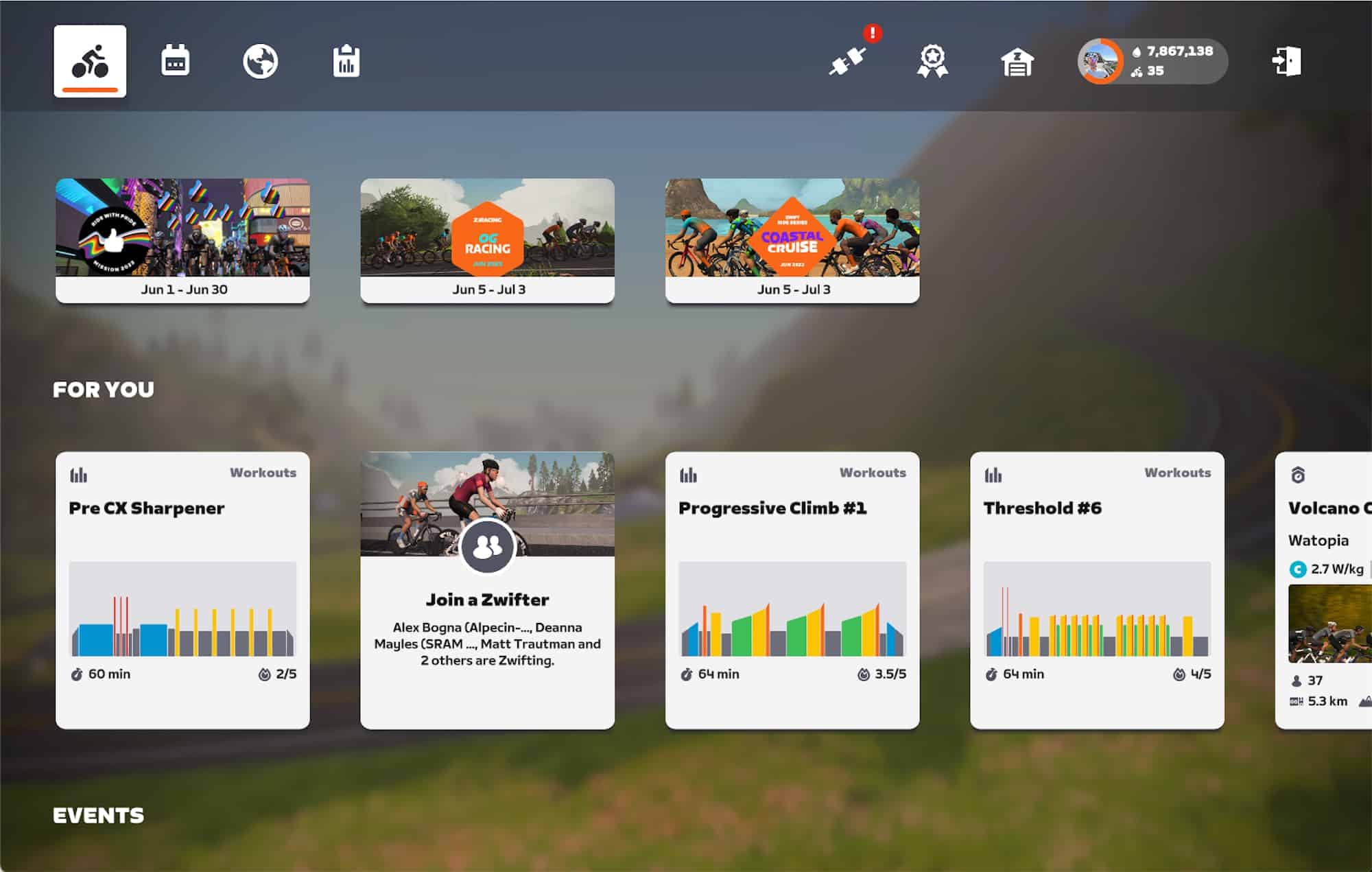getting started wth zwift homescreen